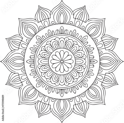 Intricate line art mandala design for festive rangoli decorations and coloring pages