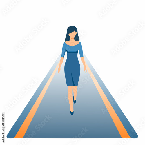 Illustration of a woman walking forward on a path with a minimalist design and vibrant colors