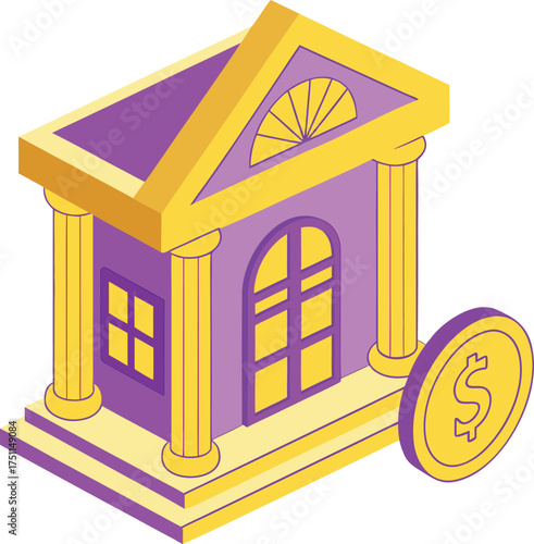 Vector art of isometric illustration of a purple bank building with a gold coin