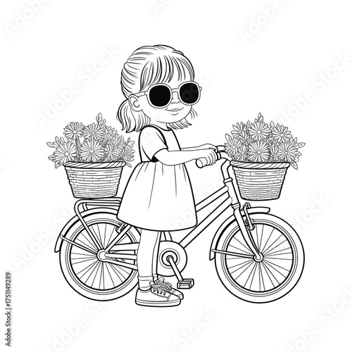 Charming child with sunglasses and flowers on bicycle creates whimsical outdoor scene