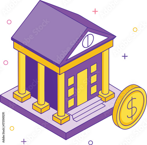 Vector art of isometric illustration of a purple bank building with yellow columns and a gold coin with a dollar sign, representing finance and savings