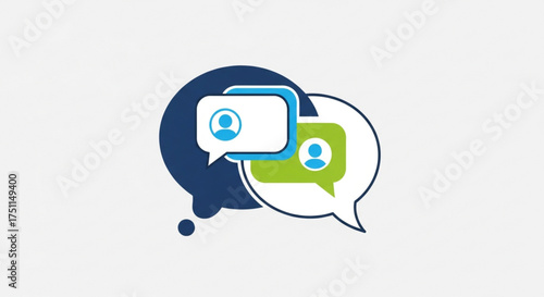 Communication bubbles with user icons, symbolizing connection, conversation, and social interaction