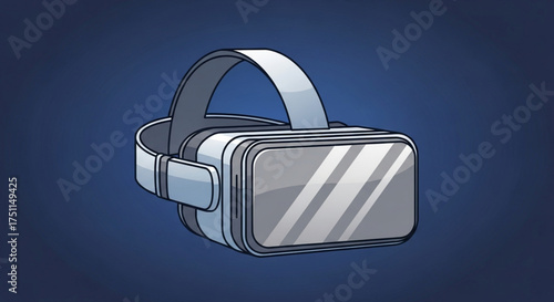Virtual reality headset illustration on blue background, offering immersive digital experiences and technological advancements in gaming and education