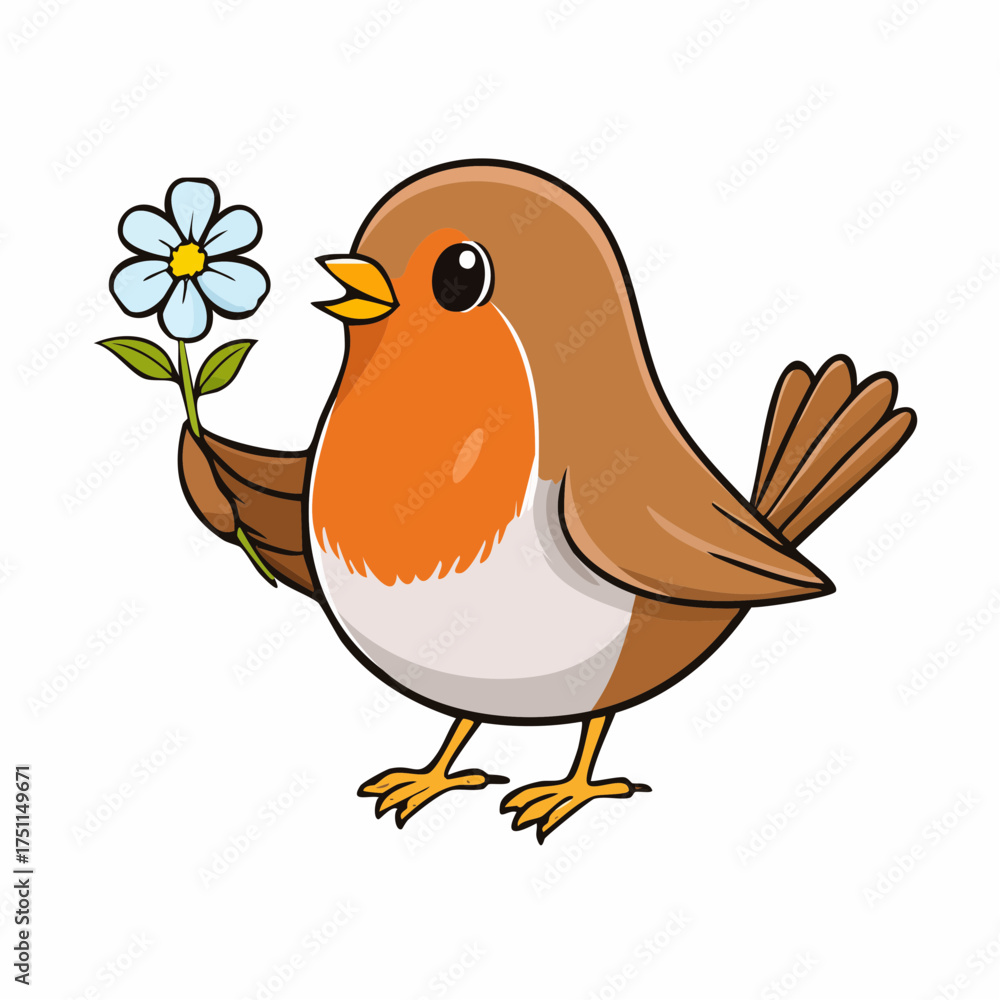 Fototapeta premium Sweet Robin with Flower: A cheerful robin, adorned with a vibrant orange breast and charmingly holding a delicate blue and white flower, offers a whimsical invitation to embrace the beauty of nature.