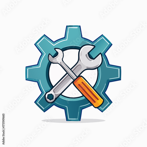 Illustration of Gear and Crossed Wrenches Depicting Tools, Maintenance, and Technological Systems