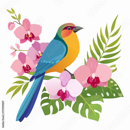 Vibrant Bird of Paradise: A captivating illustration showcases a beautifully adorned bird perched among delicate orchid blooms, radiating the vibrant colors of nature.