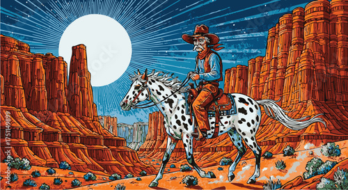 Striking illustration of a cowboy on a spotted horse, navigating a vivid red rock desert under a luminous full moon, capturing the adventurous essence of a classic nocturnal western journey