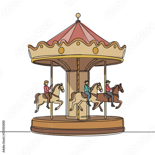 Carousel ride with horses in colorful vintage style  