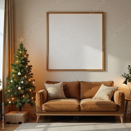 a cozy living room with large blank frame on wall, christmas tree with light, brown sofa, pillow beige , mockup frame, christmas