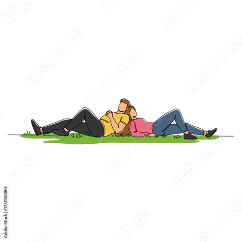 Couple relaxing on grass while lying together outdoors  