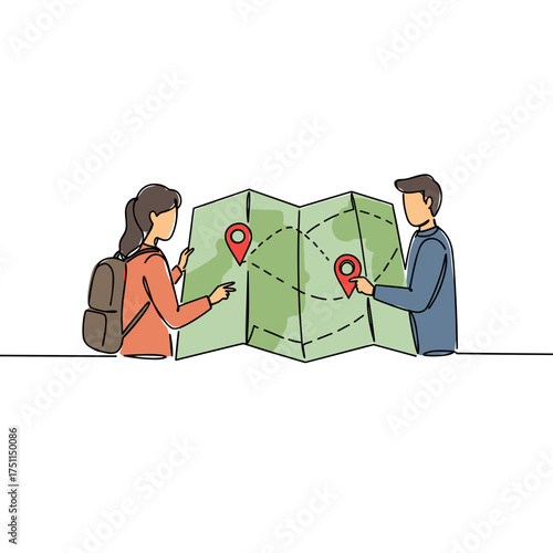 Young couple examining map and planning route with markers  