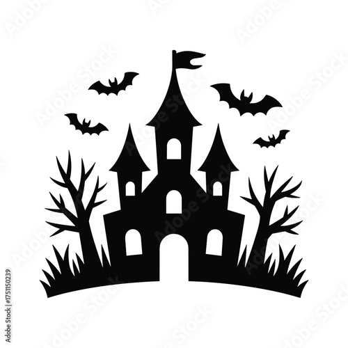 Spooky black castle silhouette with bats and bare trees for halloween ambiance