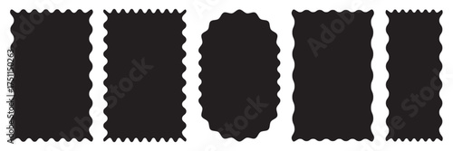 Rectangle shape frame with zigzag edge. Rectangular jagged curved box element. Geometric zig zag wavy stickers. Wiggly variety square badge, ate poster, banner, social media template. Vector EPS 10.