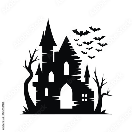 Spooky haunted castle silhouette with flying bats and bare trees perfect for halloween celebrations