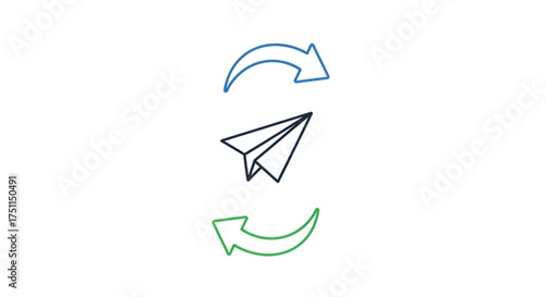 Paper airplane surrounded by arrows indicating a cycle represents concepts like feedback, and circularity