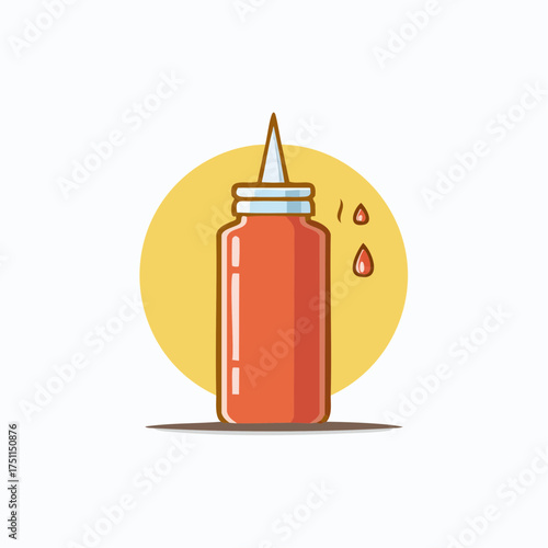 Illustrative depiction of a condiment dispenser featuring a vibrant red sauce, and a yellow backdrop