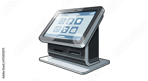 Illustration of a modern kiosk with a touch screen interface, , providing information and services to users