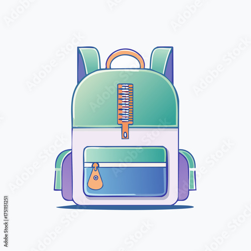 Illustrative depiction of a gradient-colored backpack with a frontal pocket and zipper details