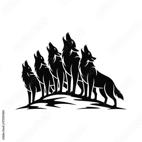 Silhouette pack of wolves howling together on a hilltop under the moonlit sky