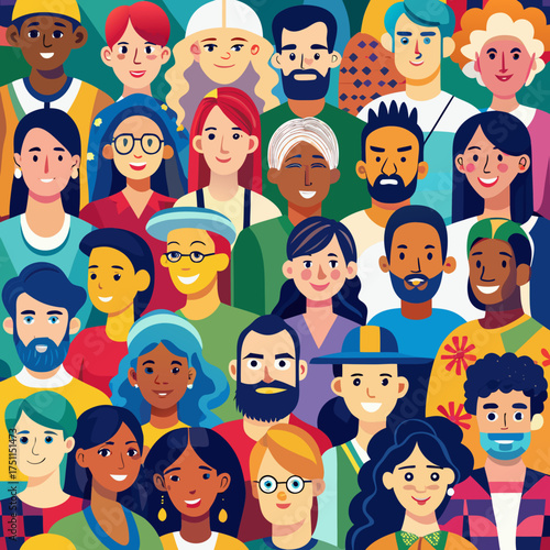 Colorful Diverse People Seamless Pattern – Abstract Multi-Ethnic Community Collage Art