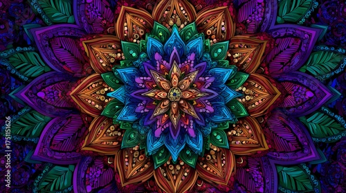 Colorful concentric mandala with stylized tribal star and petal patterns in symmetry