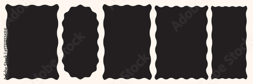 Rectangle shape frame with zigzag edge. Rectangular jagged curved box element. Geometric zig zag wavy stickers. Wiggly variety square badge, ate poster, banner, social media template. Vector EPS 10.