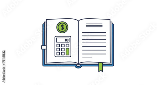 Financial accounting book with calculator and coin for budgeting and expense tracking