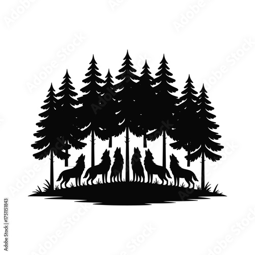 Silhouette of wolves howling in a dense pine forest at night creating a mystical woodland scene