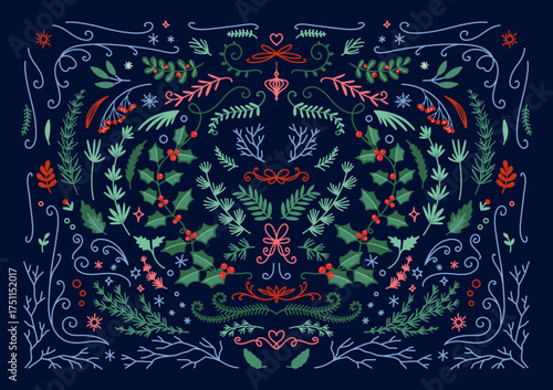 Christmas set of hand drawn floral decorations. Winter fir branches, plants, berries, flowers, coniferous foliage, snowflakes. Frames, corners and border. Vector illustration