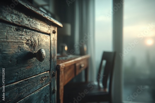 Rustic Wooden Dresser and Desk Near Window at Sunrise