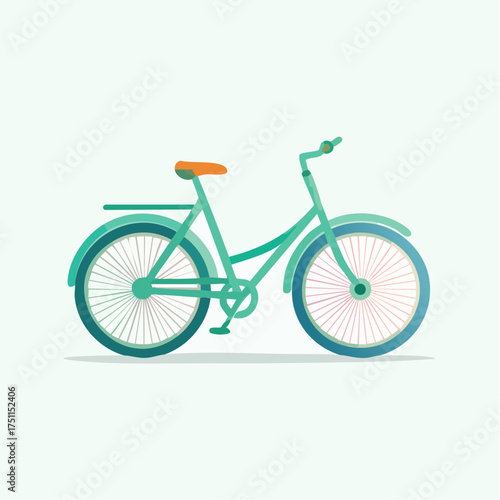 Illustrative depiction of a teal-colored bicycle with an orange seat against a white backdrop