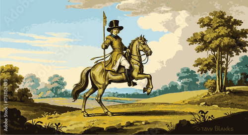 A Gentleman's Ride Vintage Illustration of a Man on Horseback in a Scenic Landscape