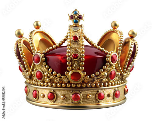 Royal golden crown with red jewel isolated on transparent background