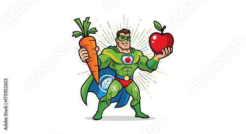 Strong Superhero Promoting Healthy Eating with Fruits and Vegetables