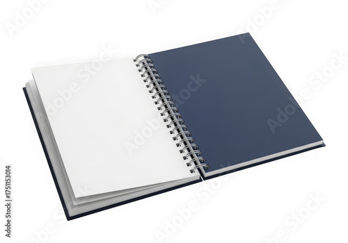 Open spiral notebook with blank white pages and dark blue cover realistic mockup isolated on transparent background