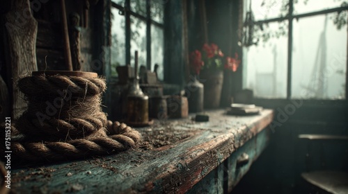 Rustic Workshop Interior With Rope Spool And Flowers On A Dusty Table In Muted Light