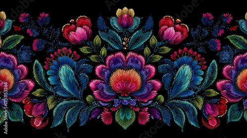 Intricate floral embroidery inspired repeating pattern in vivid symmetrical folk art style