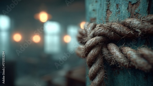 Thick Nautical Rope Tied to a Weathered Blue Wooden Post in a Dimly Lit Setting with Bokeh Lights