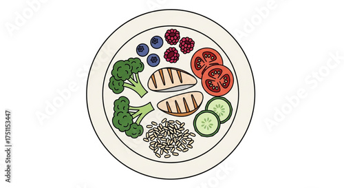 Overhead shot of a healthy meal with grilled chicken, vegetables, grains, and berries on a white plate
