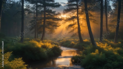 Twilight View of Woodland and Stream with Sunlight Filtering Through the TreesMisty Pine Grove at Dawn with Golden Sunlight Filtering Through the Foliage