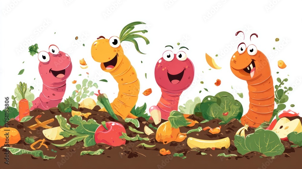 Naklejka premium Animated worms with smiling faces compost food scraps in colorful illustration style