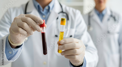 Medical professionals examining blood and urine samples in a laboratory setting for diagnostic purposes