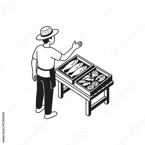 black and white vector illustration of a traditional market fish vendor stands in front of his wares