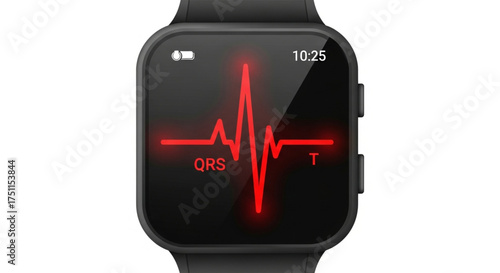 Smartwatch displaying an electrocardiogram ecg reading with qrs and t waves, indicating heart activity and health monitoring on white