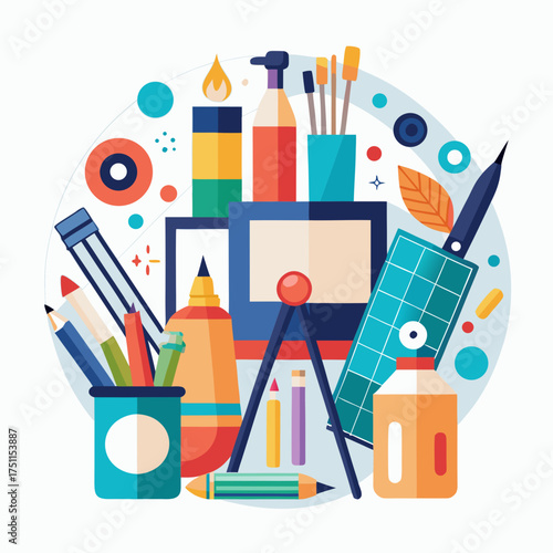 Art Supplies & Tools Vector Set – Paints, Brushes, Sketchbook, Easel & Stationery Kit