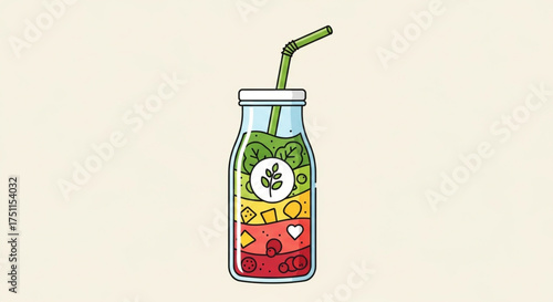 Healthy smoothie in a jar, layered with fruits, vegetables, and greens for a nutritious and refreshing drink