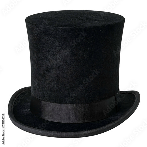 A classic, tall black hat with a rounded top and a dark ribbon