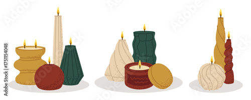 Set of compositions with burning decorative candles. Perfect for home decor and cozy designs.
