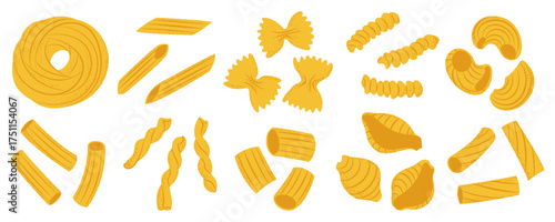Set of various pasta shapes, ideal for cooking blogs, restaurant menus, or food packaging.