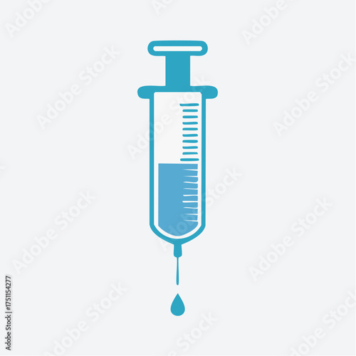 Illustrative representation of a medical syringe with a blue hue and a liquid droplet